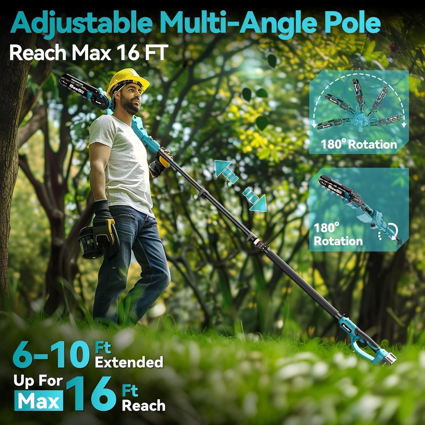Seesii 2-in-1 Cordless Pole Saw, 8 Inch Brushless Mini Chainsaw with Extension Pole, 16ft Max Pole Saws with 2x 21V Batteries for Tree Trimming, Branches Pruning, Wood Cutting