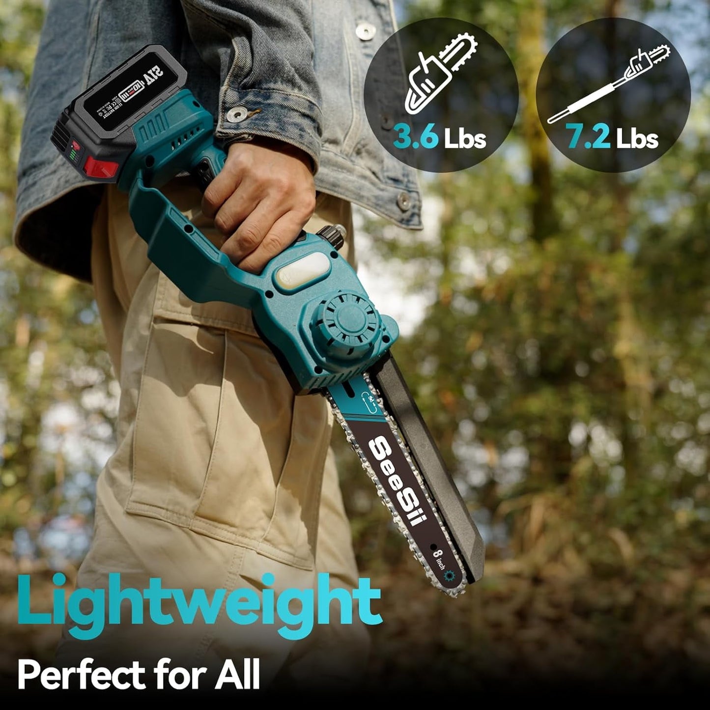 Seesii 2-in-1 Cordless Pole Saw, 8 Inch Brushless Mini Chainsaw with Extension Pole, 16ft Max Pole Saws with 2x 21V Batteries for Tree Trimming, Branches Pruning, Wood Cutting