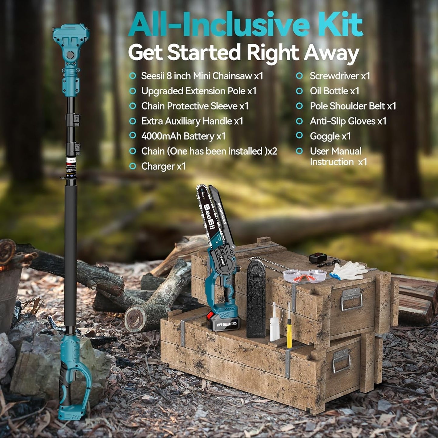 Seesii 2-in-1 Cordless Pole Saw, 8 Inch Brushless Mini Chainsaw with Extension Pole, 16ft Max Pole Saws with 2x 21V Batteries for Tree Trimming, Branches Pruning, Wood Cutting