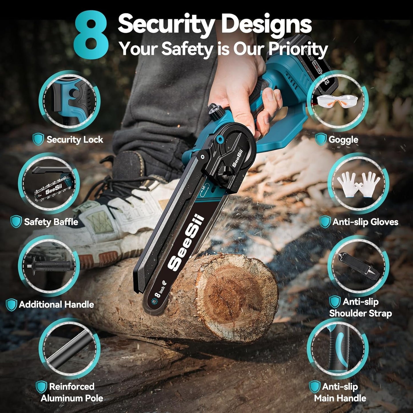 Seesii 2-in-1 Cordless Pole Saw, 8 Inch Brushless Mini Chainsaw with Extension Pole, 16ft Max Pole Saws with 2x 21V Batteries for Tree Trimming, Branches Pruning, Wood Cutting