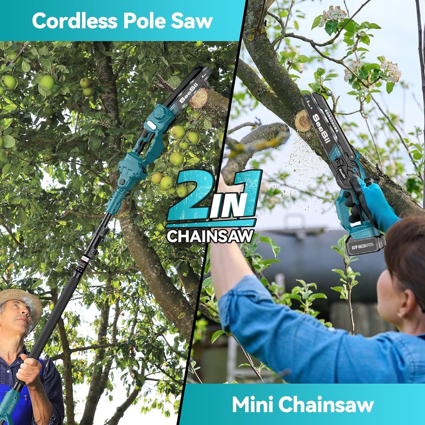 Seesii 2-in-1 Cordless Pole Saw, 8 Inch Brushless Mini Chainsaw with Extension Pole, 16ft Max Pole Saws with 2x 21V Batteries for Tree Trimming, Branches Pruning, Wood Cutting